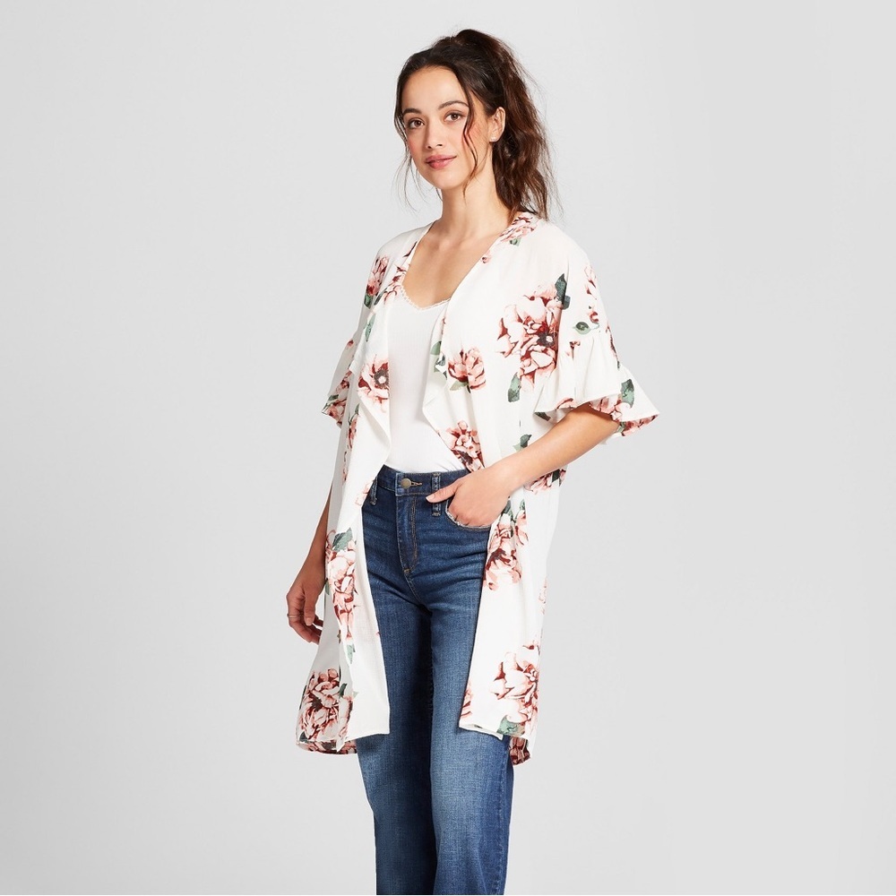 Medium loramendi ruffle sleeve Floral Kimono Cardigan short sleeve white pink